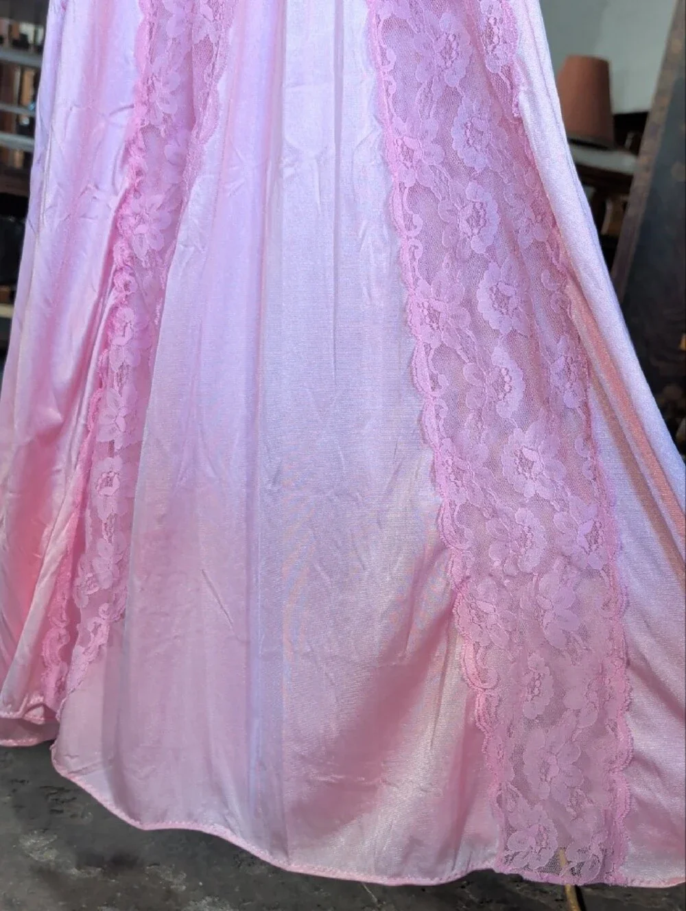 Vintage 80s 90s Val Mode Pink Satin Lace Long Nightgown Slip Dress Coquette